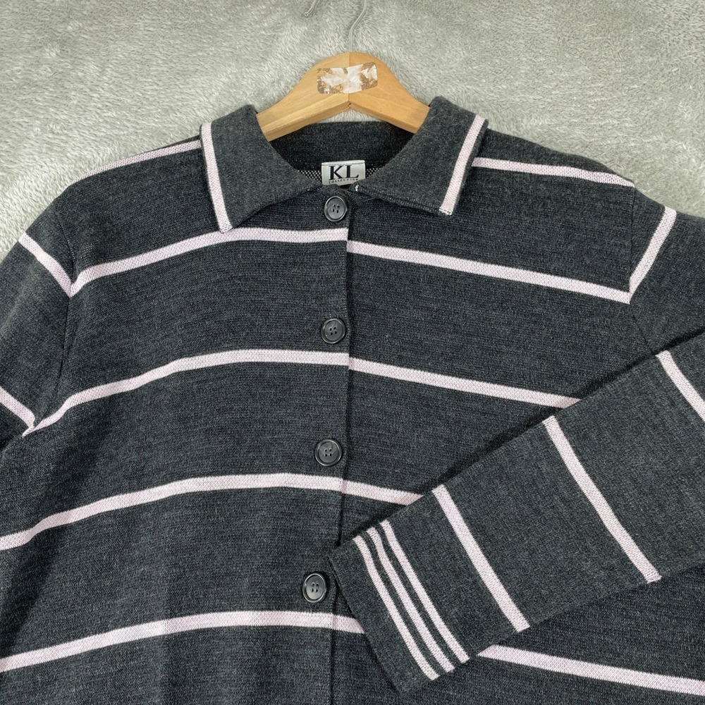 Vintage KL Collection Button Cardigan Women Petite Large Gray Pink Stripe Preppy